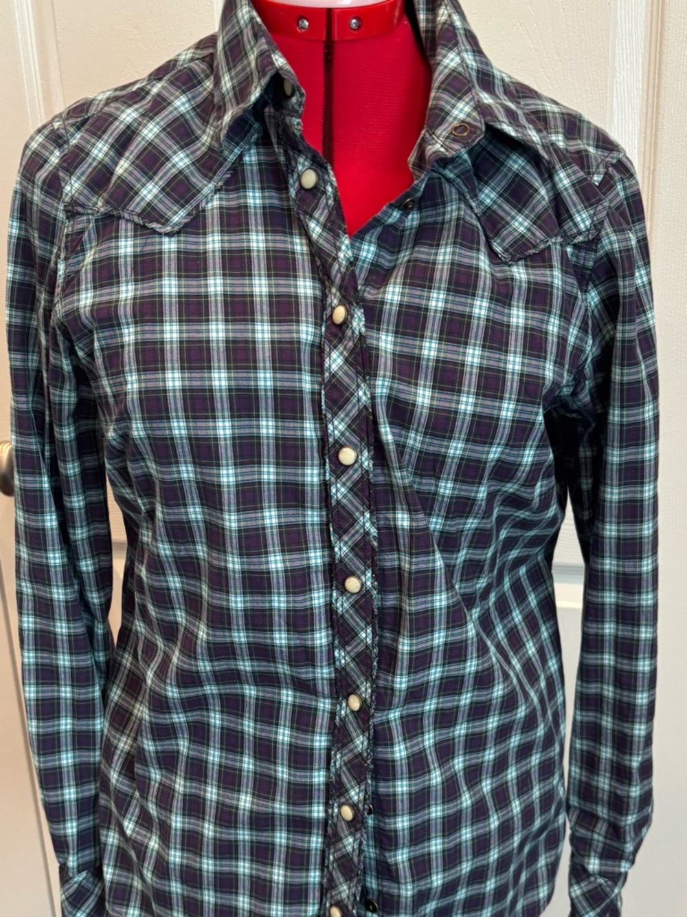 Eddie Bauer Purple and Teal Plaid Snap-Front Blouse